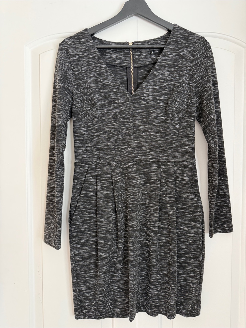 Dynamite Charcoal Marled Long Sleeve V-Neck Pleated Dress